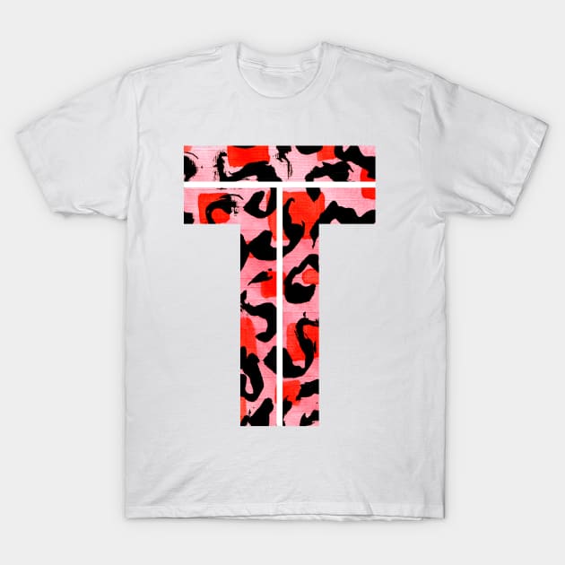 Letter T Watercolour Leopard Print Alphabet Red T-Shirt by Squeeb Creative